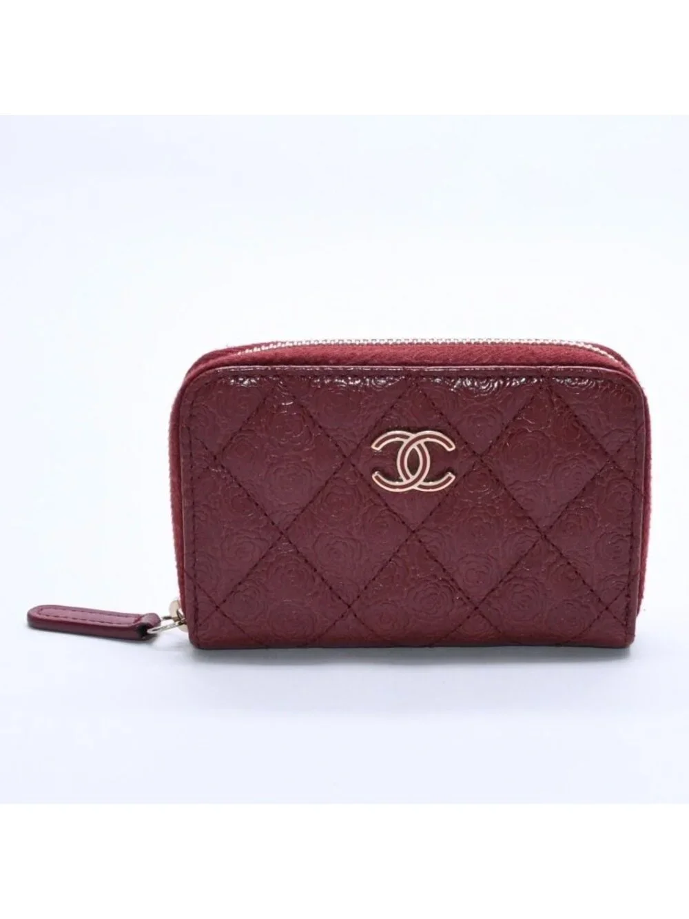 Chanel Camellia Embossed Quilted Zip Around Coin Purse Calfskin CC Logo